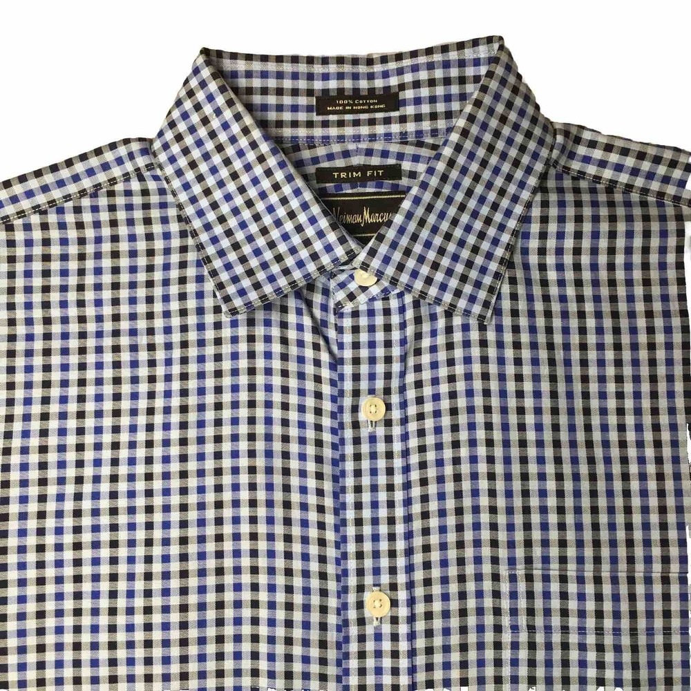Neiman Marcus Dress‎ Shirt Mens Size 16-34/35 Black/Blue Check Trim Fit